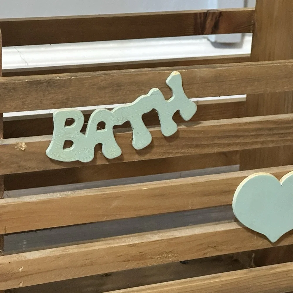 Wooden Bath Caddy Carrier With Handle Hand Made Farmhouse/Country Bow &‎ Letters